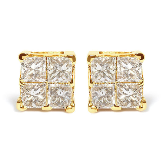 14K Yellow Gold 3/4 Cttw Invisible Set Princess-Cut Diamond 4 Stone Square Stud Earrings (J-K Color, SI2-I1 Clarity) - Bijoux-NYC Direct