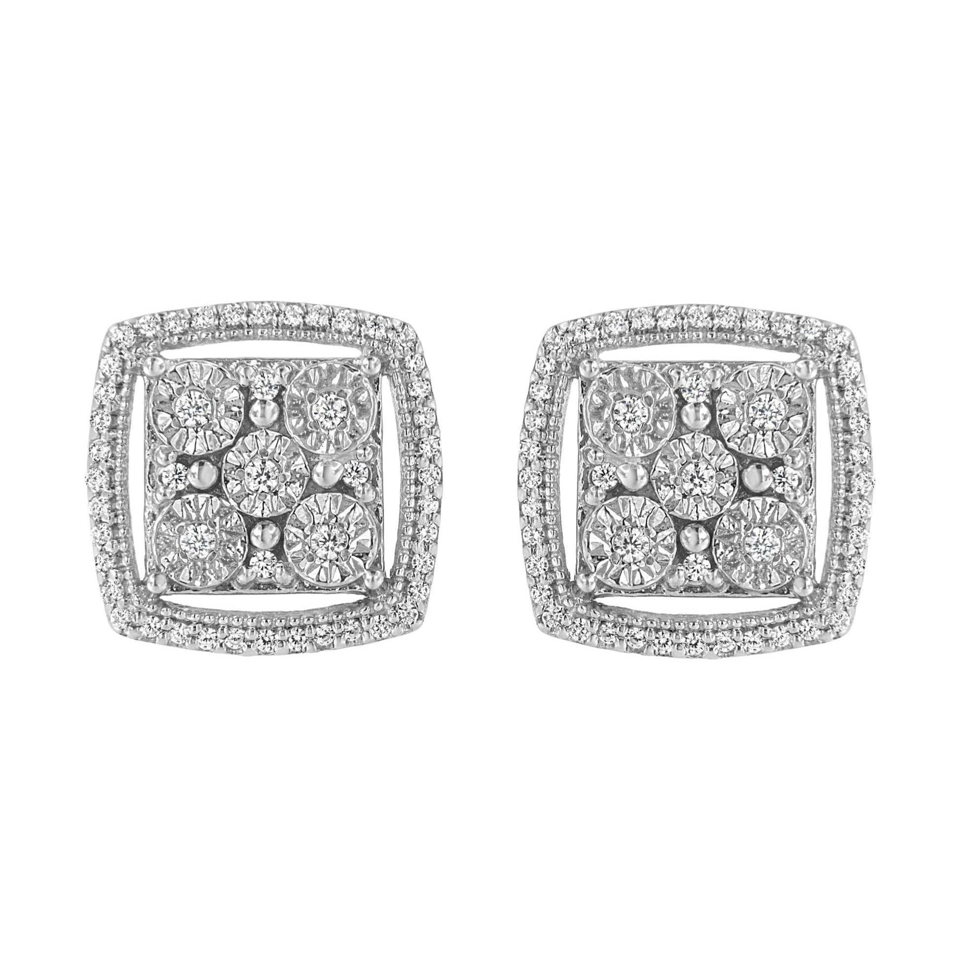 .925 Sterling Silver 3/8 Cttw Miracle Set Round Diamond Double Halo Cluster Earrings (I-J Color, I2-I3 Clarity) - Bijoux-NYC Direct