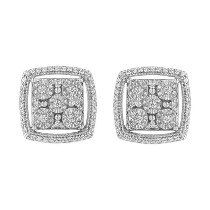 .925 Sterling Silver 3/8 Cttw Miracle Set Round Diamond Double Halo Cluster Earrings (I-J Color, I2-I3 Clarity) - Bijoux-NYC Direct