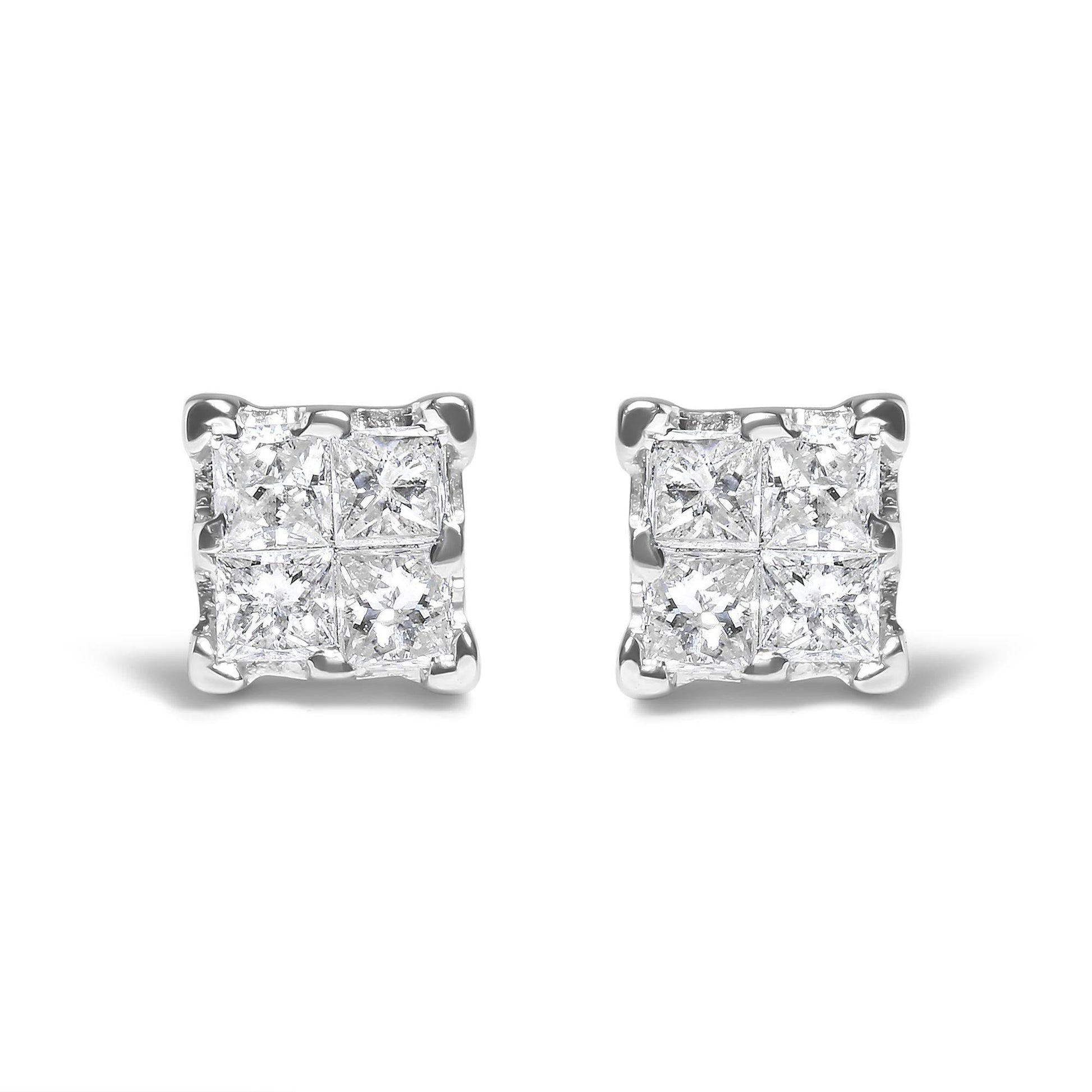 .925 Sterling Silver 1/4 Cttw Invisible Set Princess Diamond Composite Quad Stud Earrings (I-J Color, I1-I2 Clarity) - Bijoux-NYC Direct