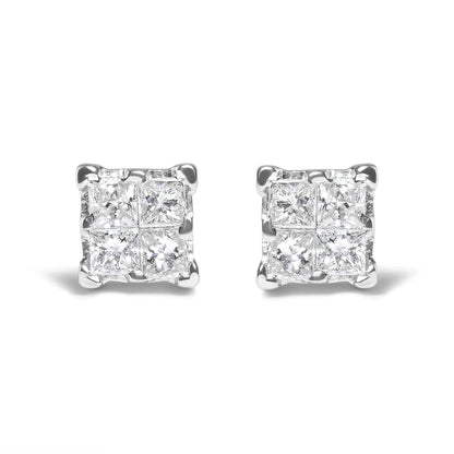 .925 Sterling Silver 1/4 Cttw Invisible Set Princess Diamond Composite Quad Stud Earrings (I-J Color, I1-I2 Clarity) - Bijoux-NYC Direct