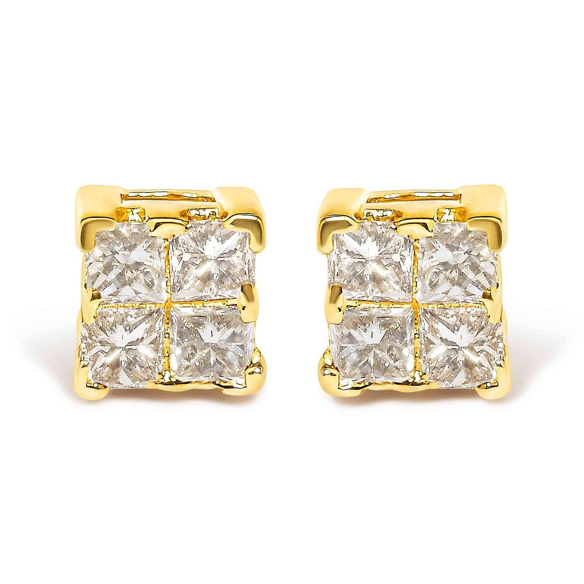 14K Yellow Gold 1/4 Cttw Invisible Set Princess-Cut Diamond Square Stud Earring (J-K Color, I1-I2 Clarity) - Bijoux-NYC Direct