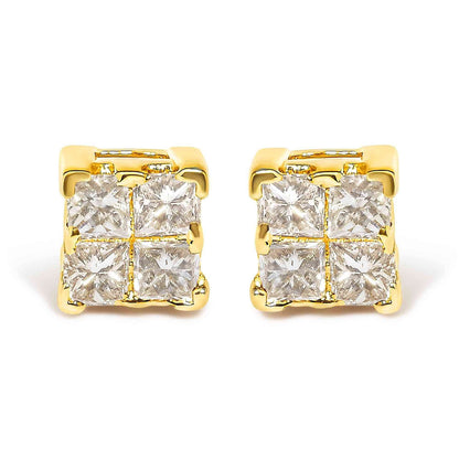14K Yellow Gold 1/4 Cttw Invisible Set Princess-Cut Diamond Square Stud Earring (J-K Color, I1-I2 Clarity) - Bijoux-NYC Direct
