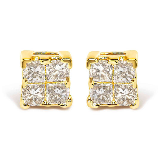 14K Yellow Gold 1/4 Cttw Invisible Set Princess-Cut Diamond Square Stud Earring (J-K Color, I1-I2 Clarity) - Bijoux-NYC Direct