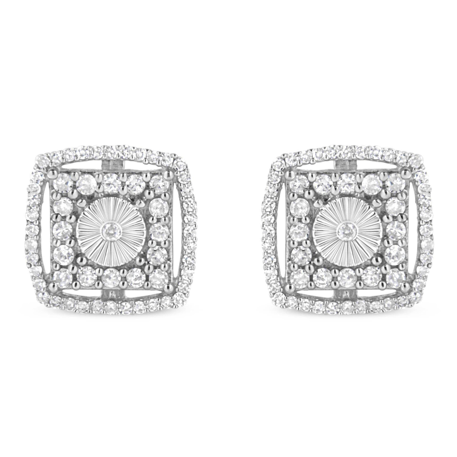 .925 Sterling Silver 1.0 Cttw Round Diamond Double Halo and Disc Stud Earring (I-J Color, I2-I3 Clarity) - Bijoux-NYC Direct