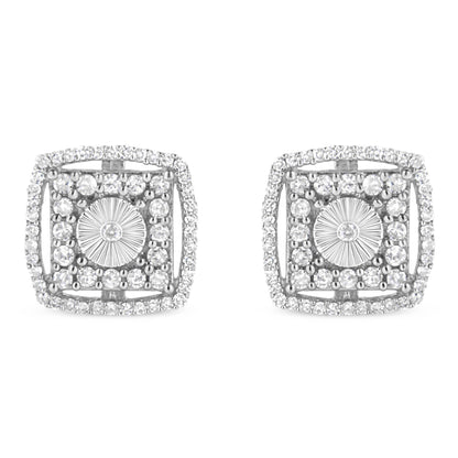 .925 Sterling Silver 1.0 Cttw Round Diamond Double Halo and Disc Stud Earring (I-J Color, I2-I3 Clarity) - Bijoux-NYC Direct
