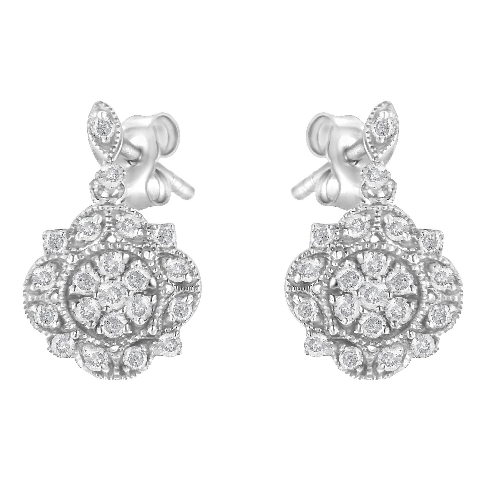 .925 Sterling Silver 1/2 Cttw Diamond Dangle Miligrain Earring (I-J Color, I2-I3 Clarity) - Bijoux-NYC Direct