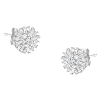 .925 Sterling Silver 1/2 Round and Baguette Diamond Sunburst Floral Cluster Stud Earrings (I-J Color, I3 Clarity) - Bijoux-NYC Direct