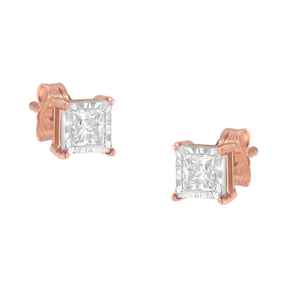 14K Rose Gold Plated Two-Tone .925 Sterling Silver 1/2 Cttw Princess-Cut Diamond Solitaire Stud Earrings (J-K , I2-I3 ) - Bijoux-NYC Direct
