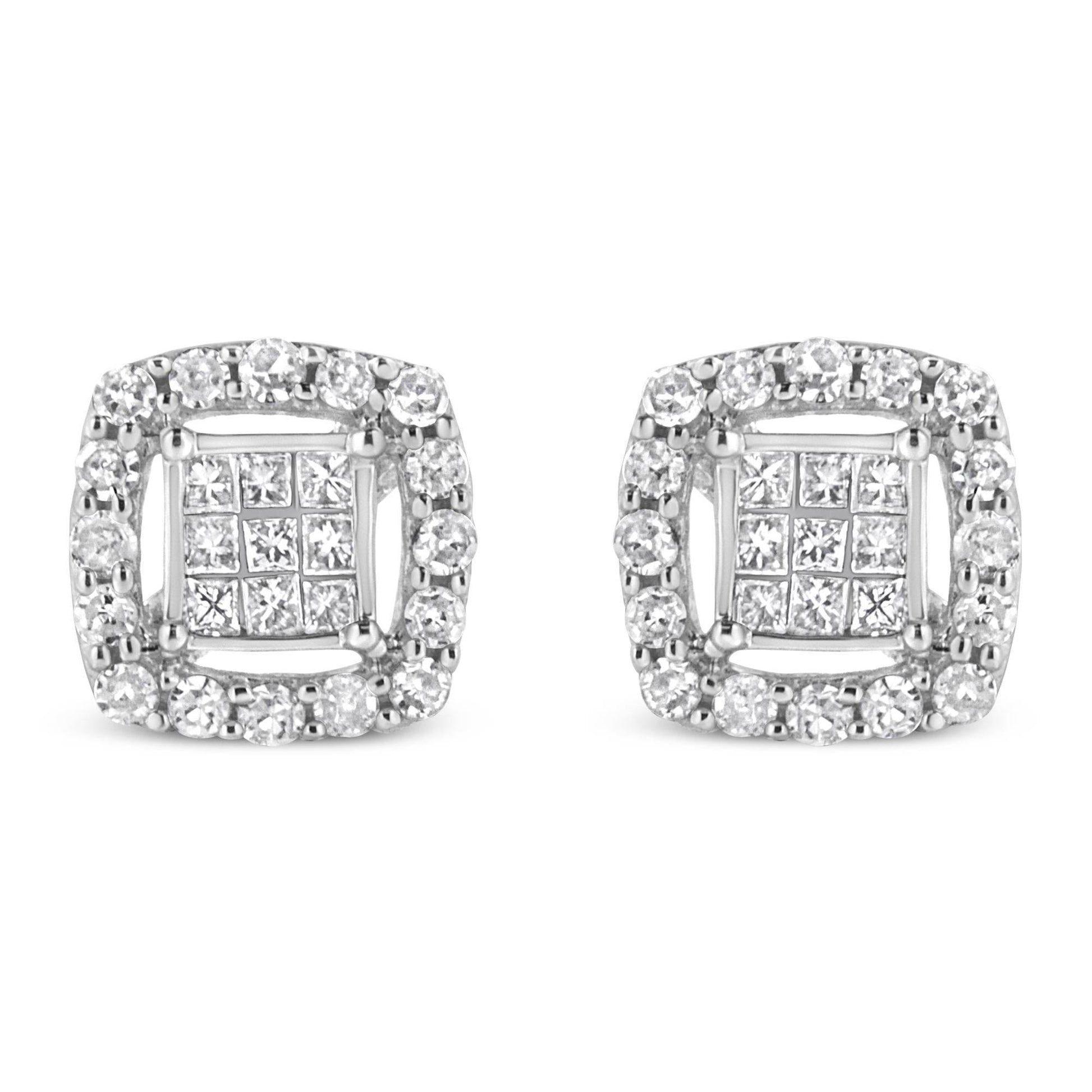 .925 Sterling Silver 1/2 Cttw Round and Princess-Cut Diamond Stud Earrings (I-J Color, I1-I2 Clarity) - Bijoux-NYC Direct