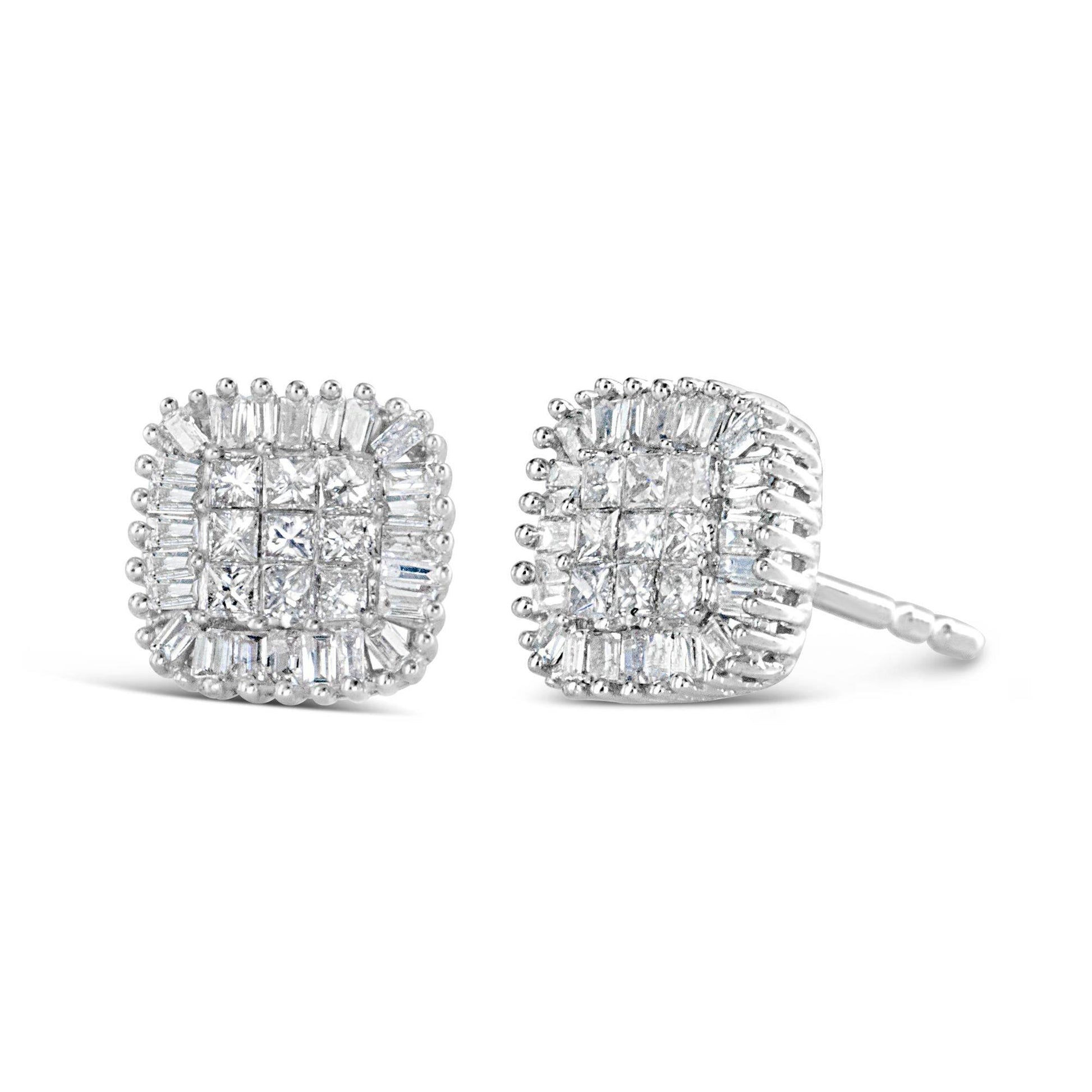10K White Gold 1/2 Cttw Invisible-Set Princess Cut & Prong-Set Baguette Diamond Composite Stud Earrings (H-I Color, I1-I2 Clarity) - Bijoux-NYC Direct