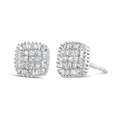 10K White Gold 1/2 Cttw Invisible-Set Princess Cut & Prong-Set Baguette Diamond Composite Stud Earrings (H-I Color, I1-I2 Clarity) - Bijoux-NYC Direct