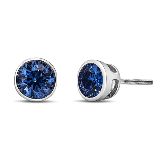 14K White Gold 1.0 Cttw Blue Lab Grown Diamond Screw-Back Classic Bezel Solitaire Stud Earrings (Blue Color, VS2-SI1 Clarity) - Bijoux-NYC Direct