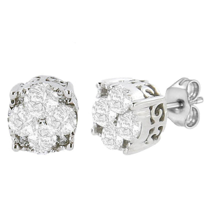 .925 Sterling Silver 1/2 cttw Prong Set Round-Cut Diamond Cluster Stud Earring (I-J Color, I2-I3 Clarity) - Bijoux-NYC Direct