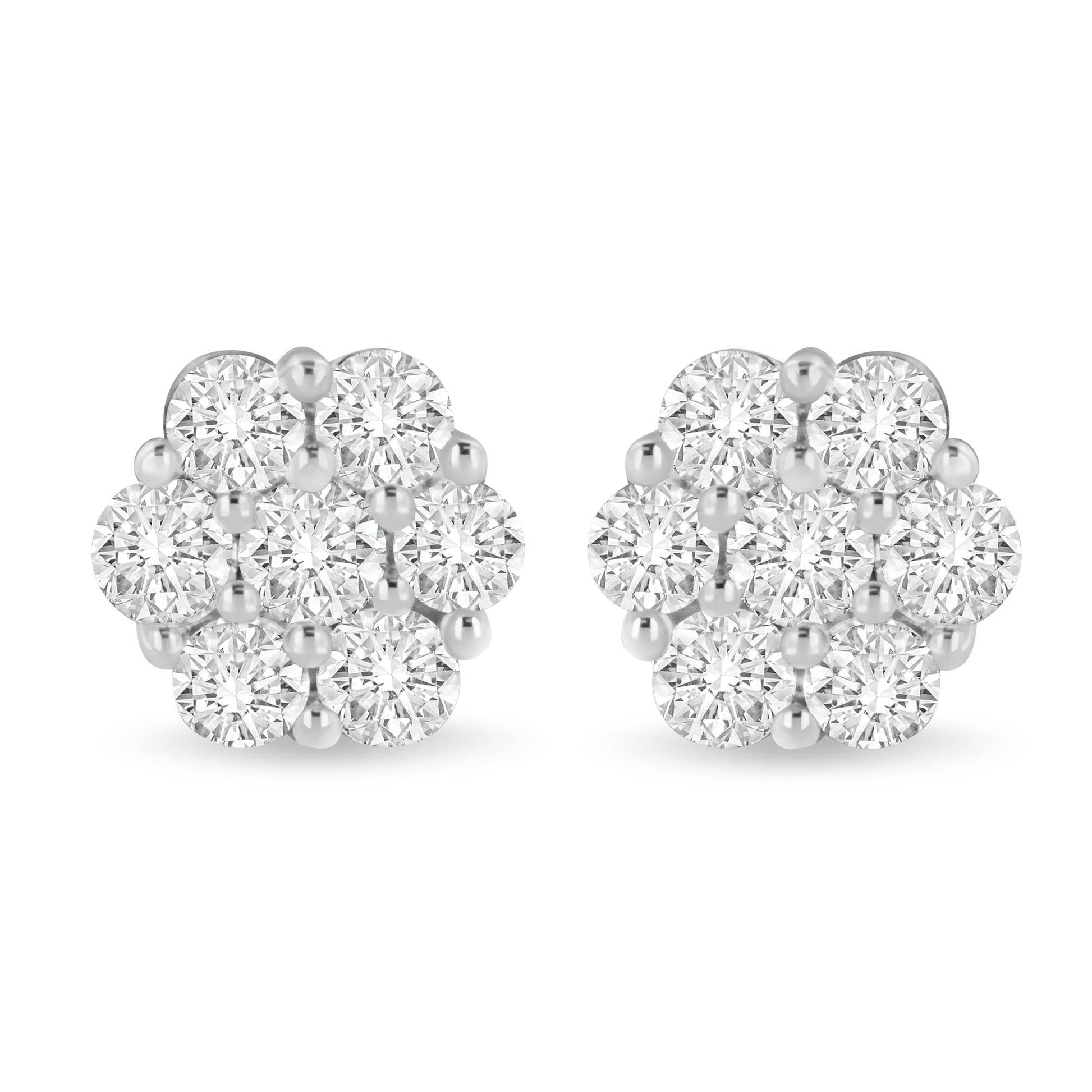 14K White Gold 3 cttw Prong Set Round-Cut Diamond Floral Cluster Stud Earring (I-J Color, SI1-SI2 Clarity) - Bijoux-NYC Direct