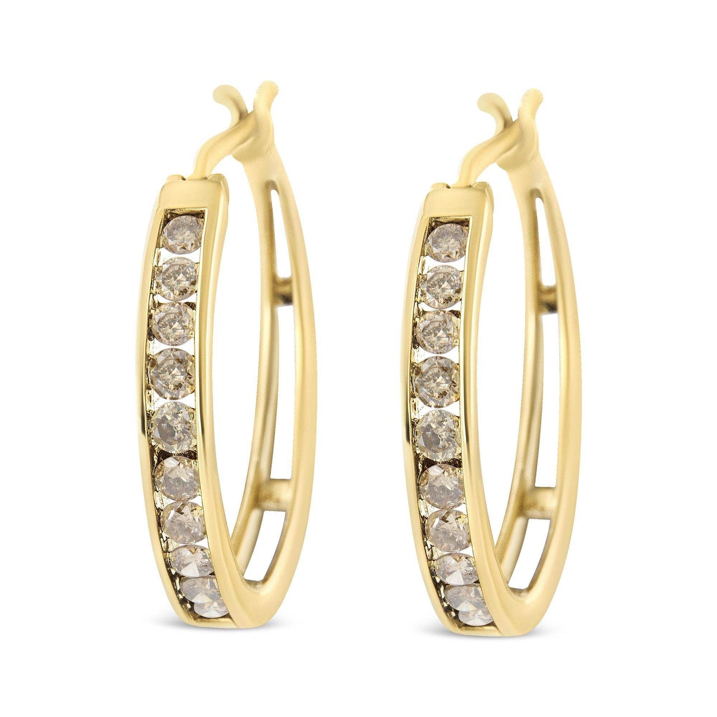 14K Yellow Gold Plated .925 Sterling Silver 1.0 Cttw Channel Set Champagne Diamond Hoop Earrings with Snap Post (K-L Color, I1-I2 Clarity) - Bijoux-NYC Direct