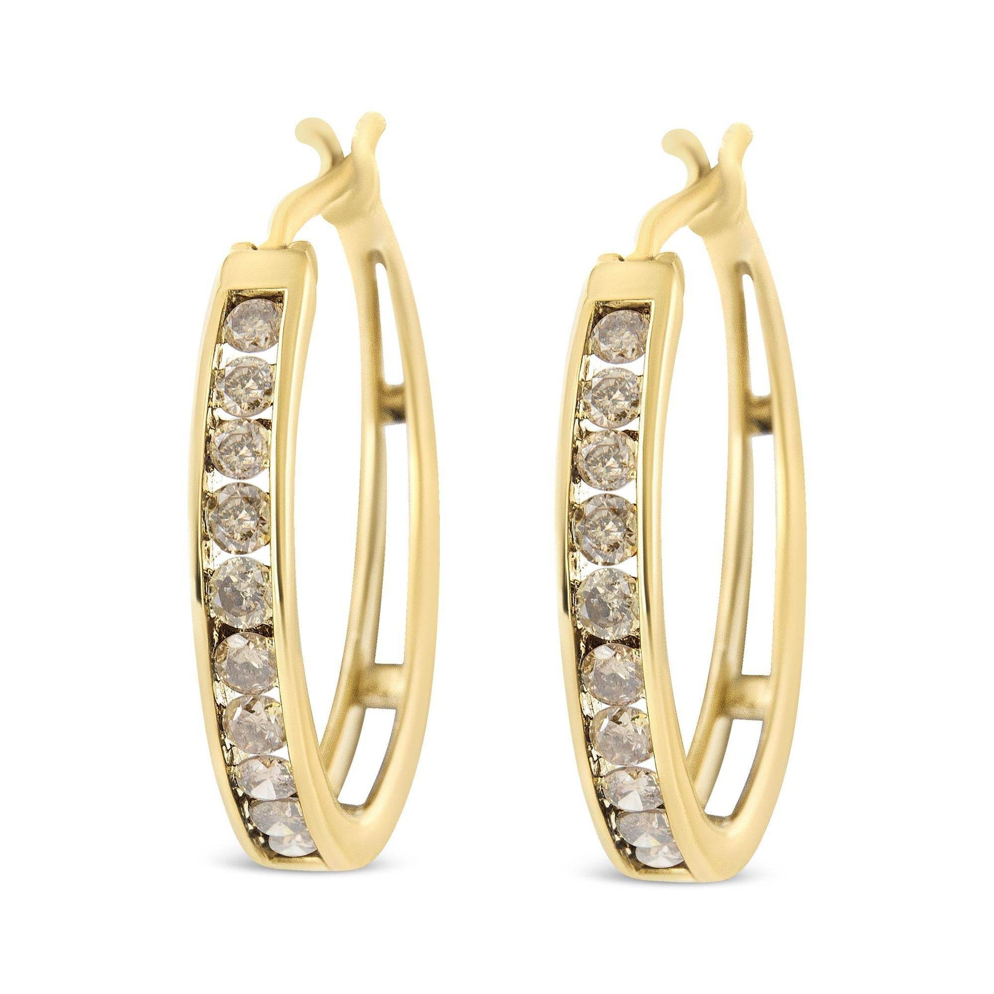 14K Yellow Gold Plated .925 Sterling Silver 1.0 Cttw Channel Set Champagne Diamond Hoop Earrings with Snap Post (K-L Color, I1-I2 Clarity) - Bijoux-NYC Direct