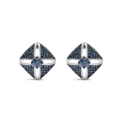 .925 Sterling Silver 1.0 Cttw Blue Diamond Studded Rhombus Stud Earring (Blue Color, I2-I3 Clarity) - Bijoux-NYC Direct
