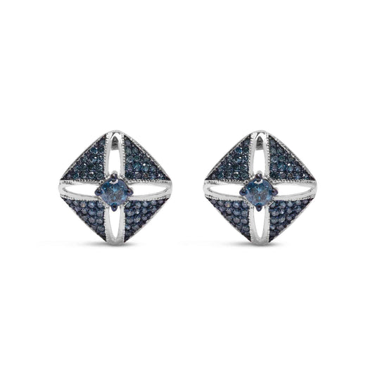 .925 Sterling Silver 1.0 Cttw Blue Diamond Studded Rhombus Stud Earring (Blue Color, I2-I3 Clarity) - Bijoux-NYC Direct