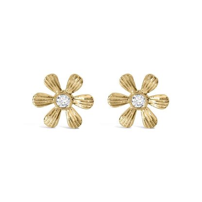 10K Yellow Gold Bezel Set Diamond Accent Hammered Finish Floral Stud Earrings (I-J Color, I1-I2 Clarity) - Bijoux-NYC Direct