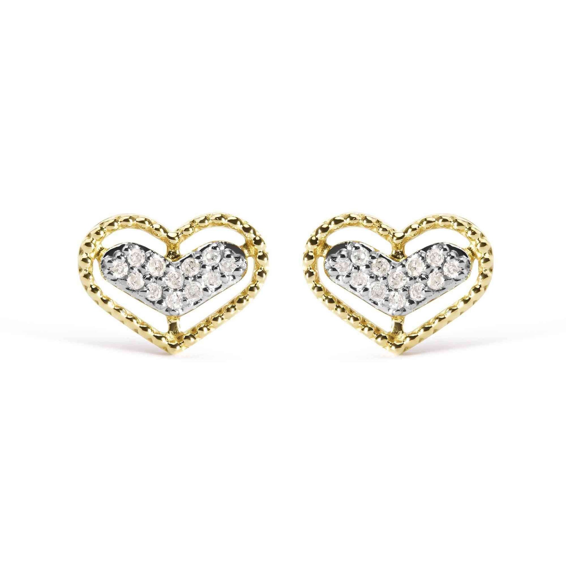 10K Yellow Gold 1/10 Cttw Diamond Heart and Beaded Halo Stud Earrings (I-J Color, I1-I2 Clarity) - Bijoux-NYC Direct