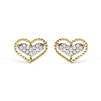 10K Yellow Gold 1/10 Cttw Diamond Heart and Beaded Halo Stud Earrings (I-J Color, I1-I2 Clarity) - Bijoux-NYC Direct