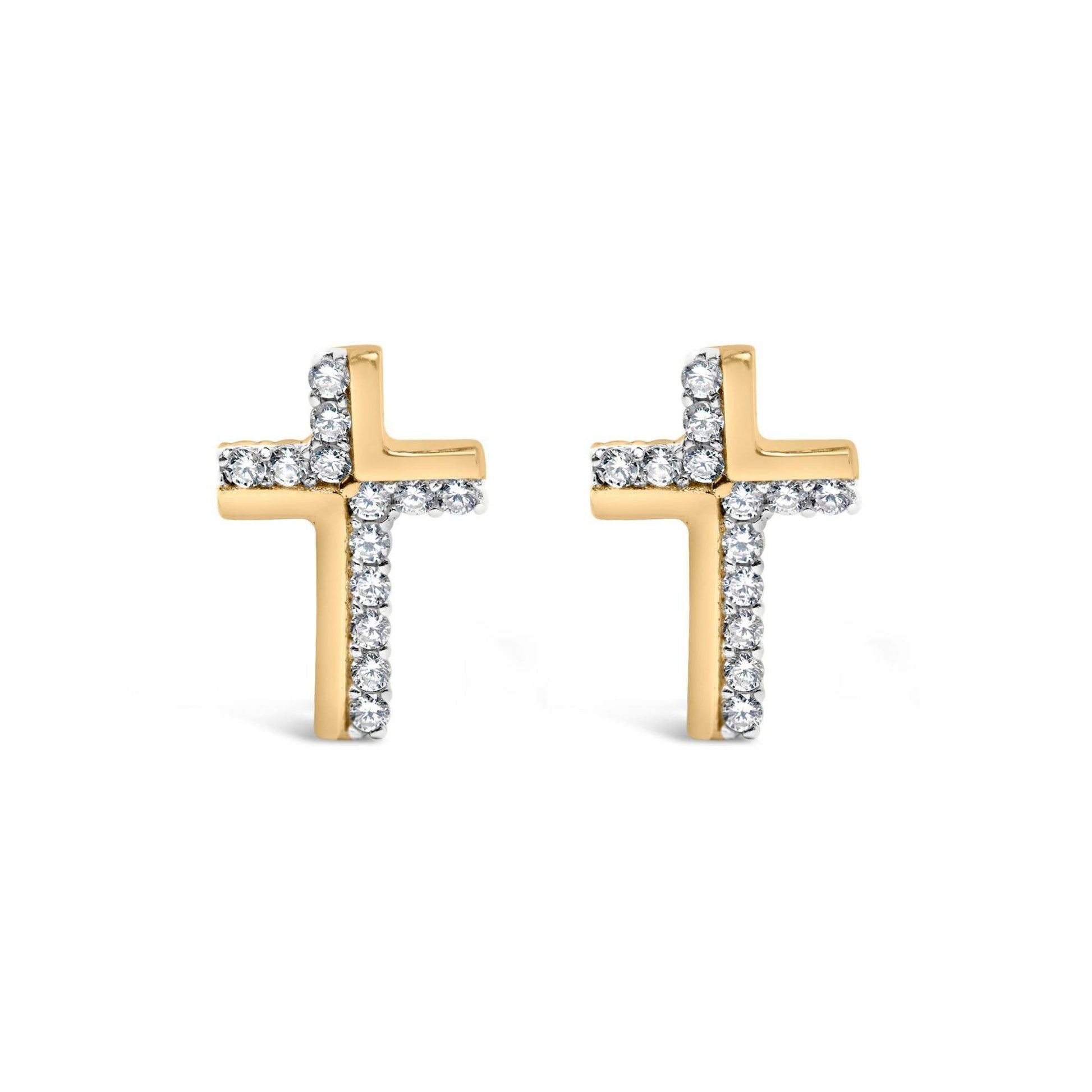 14K Yellow Gold Plated .925 Sterling Silver 1/10 Cttw Diamond Cross Stud Earring (I-J Color, I3 Clarity) - Bijoux-NYC Direct