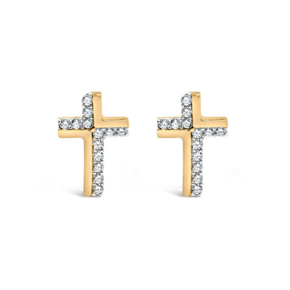14K Yellow Gold Plated .925 Sterling Silver 1/10 Cttw Diamond Cross Stud Earring (I-J Color, I3 Clarity) - Bijoux-NYC Direct