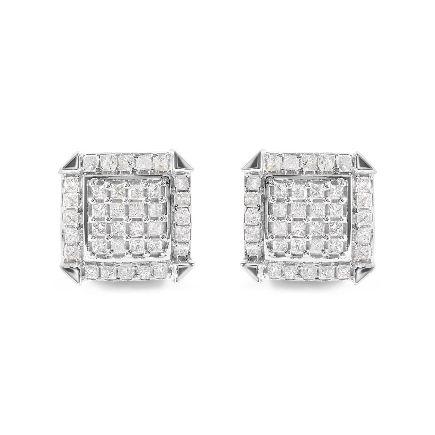 10K White Gold 1 1/10 Cttw Princess Diamond Composite and Halo Stud Earrings (I-J Color, I1-I2 Clarity) - Bijoux-NYC Direct