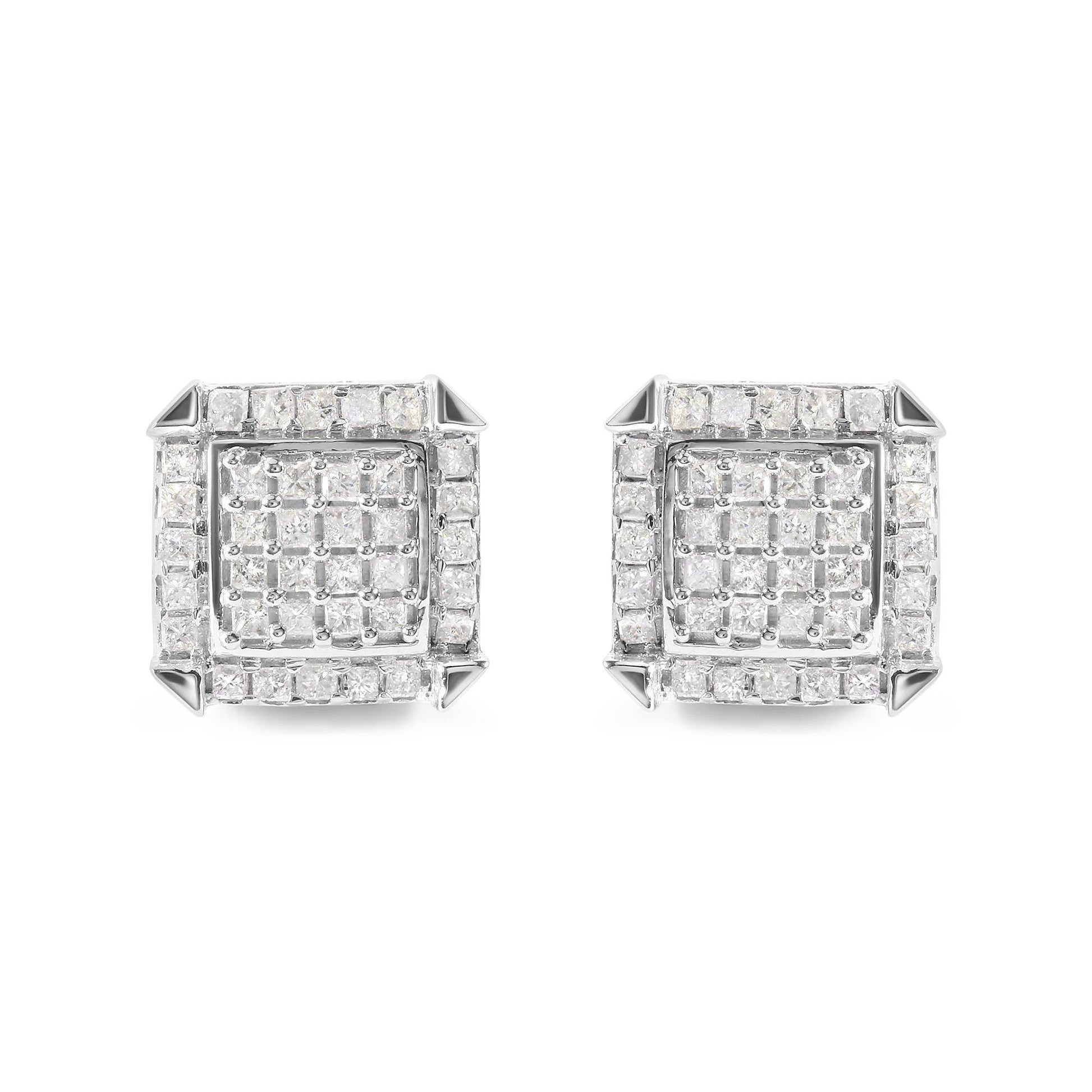 10K White Gold 1 1/10 Cttw Princess Diamond Composite and Halo Stud Earrings (I-J Color, I1-I2 Clarity) - Bijoux-NYC Direct