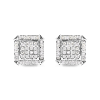 10K White Gold 1 1/10 Cttw Princess Diamond Composite and Halo Stud Earrings (I-J Color, I1-I2 Clarity) - Bijoux-NYC Direct