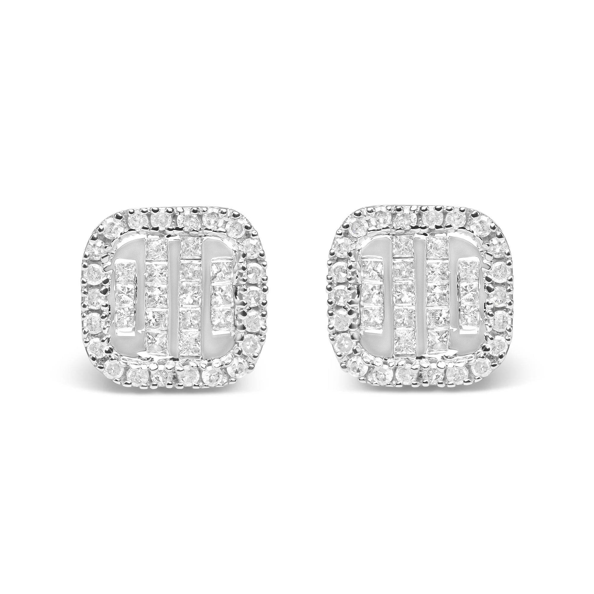 10K White Gold 7/8 Cttw Diamond Princess Composite and Halo Stud Earrings (I-J Color, I1-I2 Clarity) - Bijoux-NYC Direct
