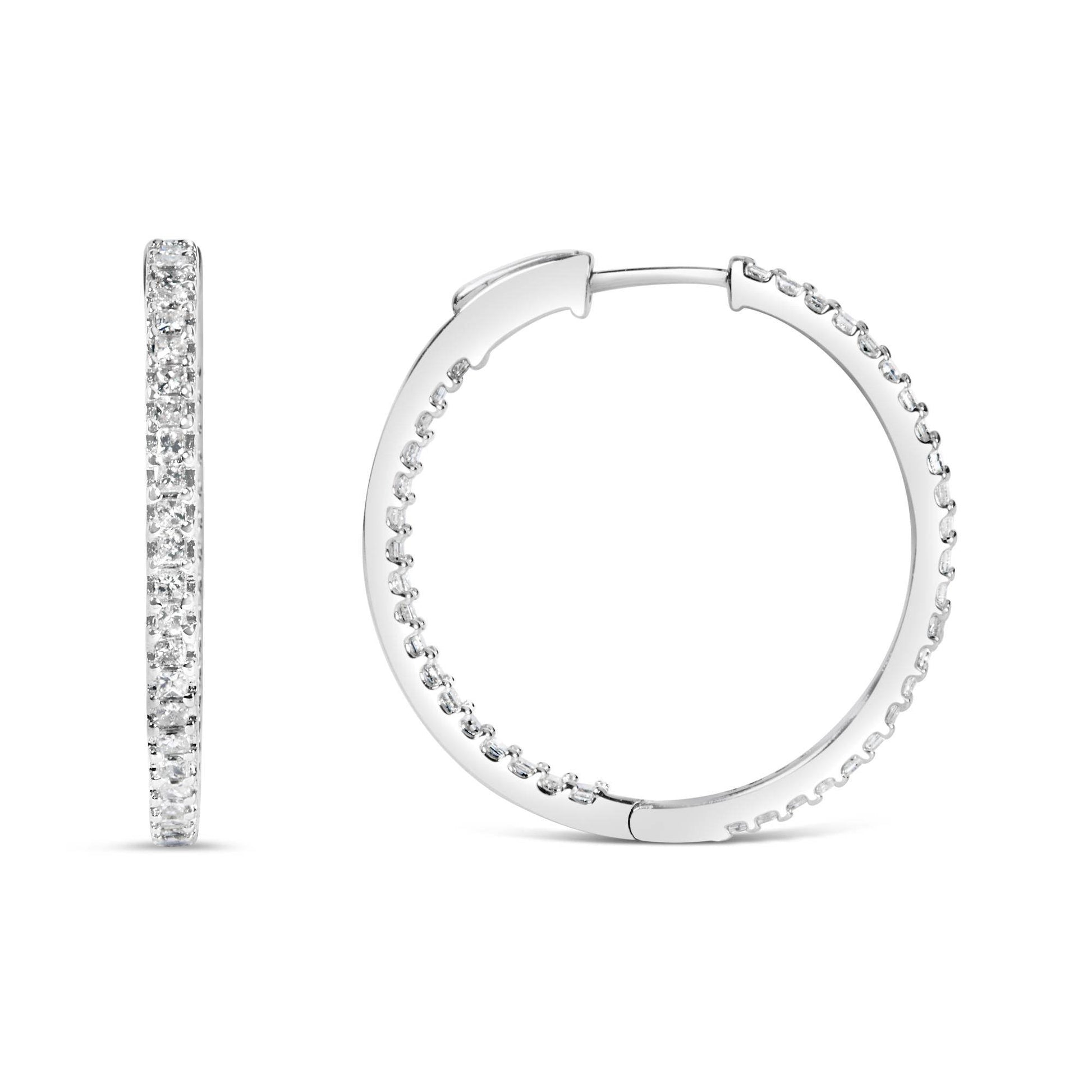 14K White Gold 1.0 Cttw Princess Diamond Inside Out Hoop Earrings (H-I Color, I1-I2 Clarity) - 23 MM - Bijoux-NYC Direct