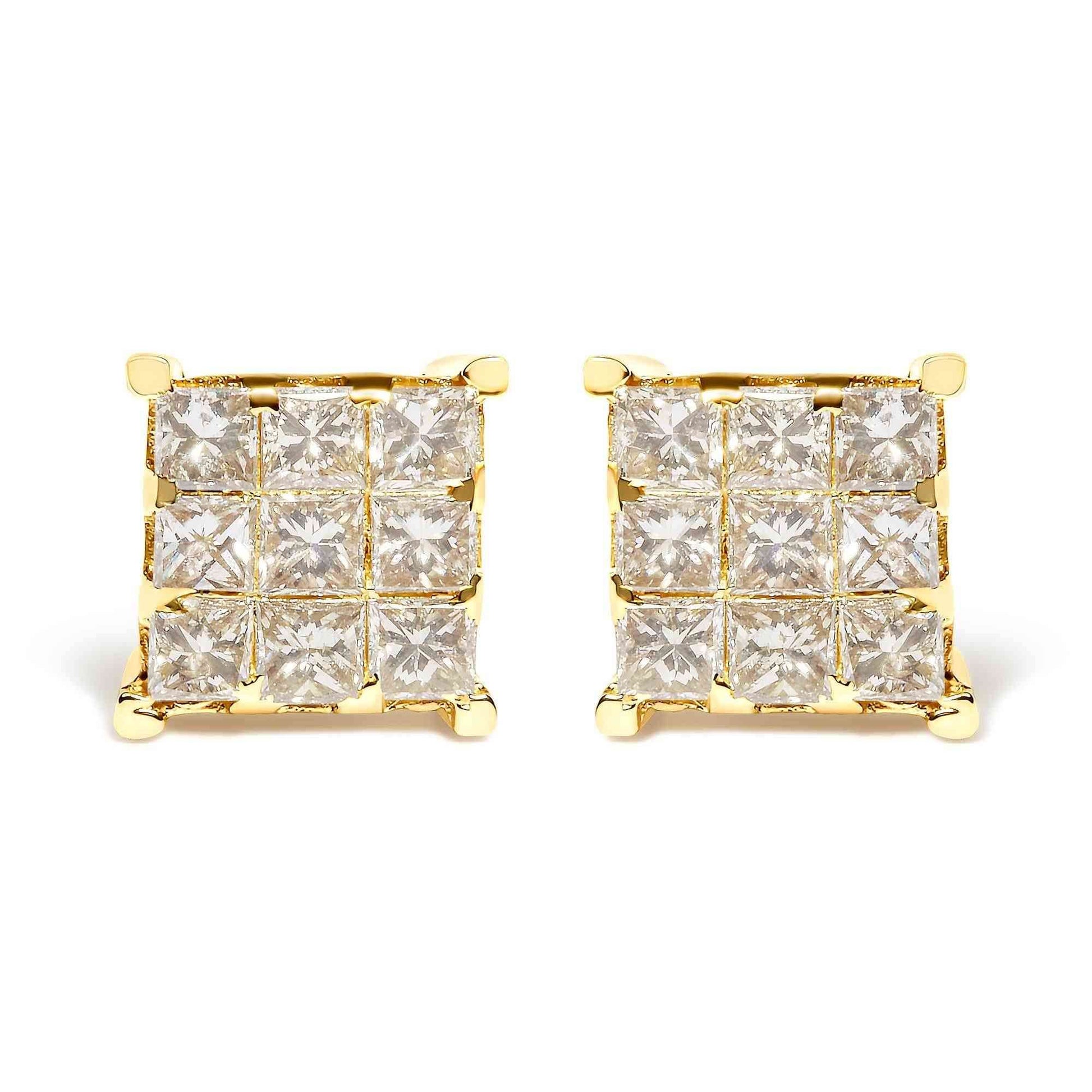 14K Yellow Gold 1 1/2 Cttw Invisible Set Princess-Cut Diamond 9 Stone Square Stud Earrings (J-K Color, SI2-I1 Clarity) - Bijoux-NYC Direct