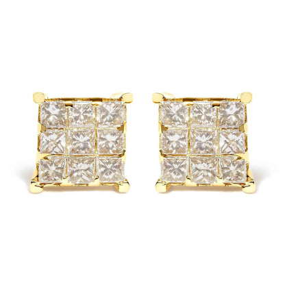 14K Yellow Gold 1 1/2 Cttw Invisible Set Princess-Cut Diamond 9 Stone Square Stud Earrings (J-K Color, SI2-I1 Clarity) - Bijoux-NYC Direct