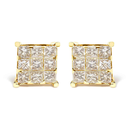 14K Yellow Gold 1 1/2 Cttw Invisible Set Princess-Cut Diamond 9 Stone Square Stud Earrings (J-K Color, SI2-I1 Clarity) - Bijoux-NYC Direct