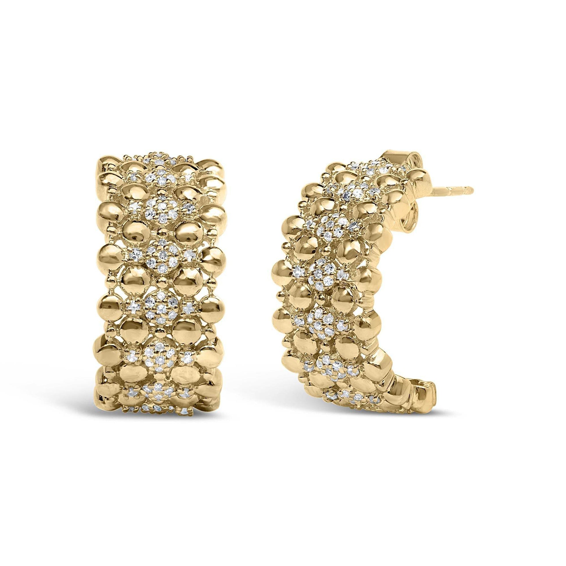 14K Yellow Gold Plated .925 Sterling Silver 1/3 Cttw Diamond and Ball Bead J Hoop Earrings (H-I Color, I1-I2 Clarity) - Bijoux-NYC Direct