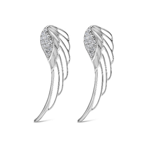 Silver angel wing earrings with gemstones on a white background