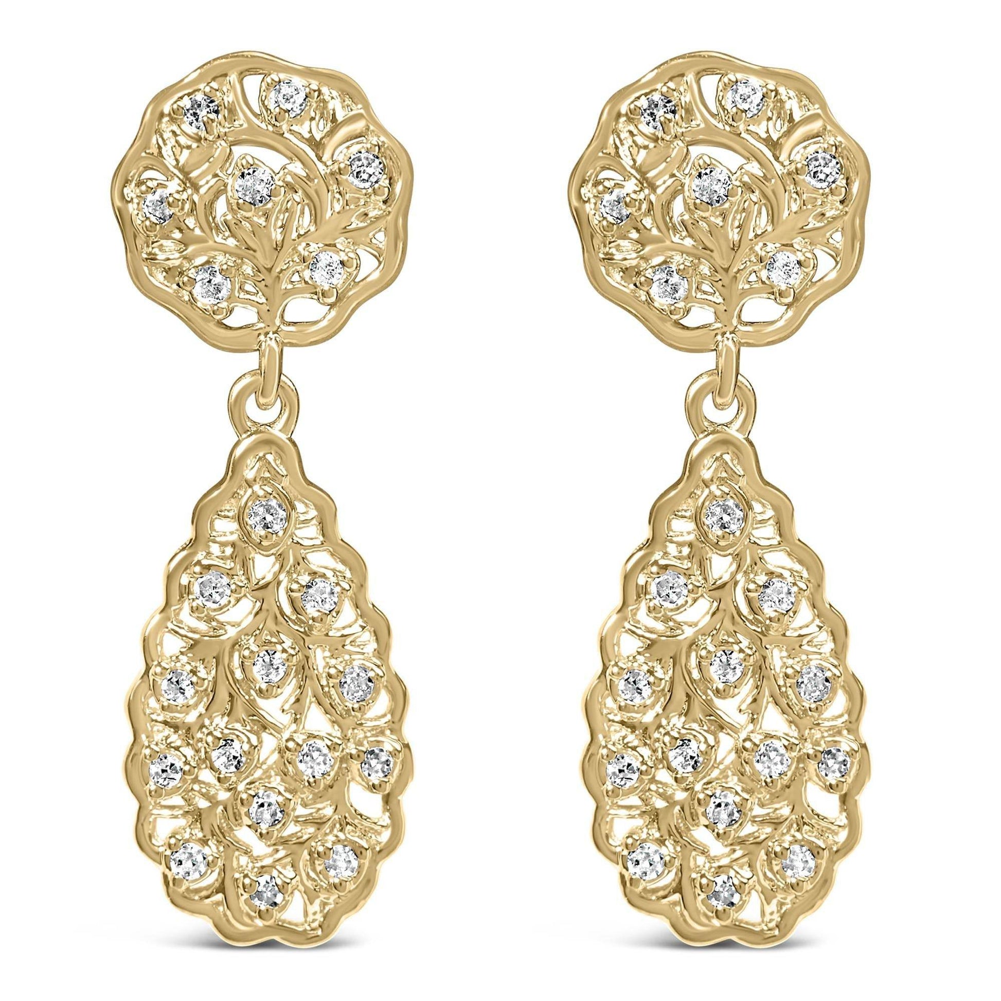 14K Yellow Gold Plated Sterling Silver 1/5 Cttw Diamond Teardrop Filigree Earrings (H-I Color, I1-I2 Clarity) - Bijoux-NYC Direct