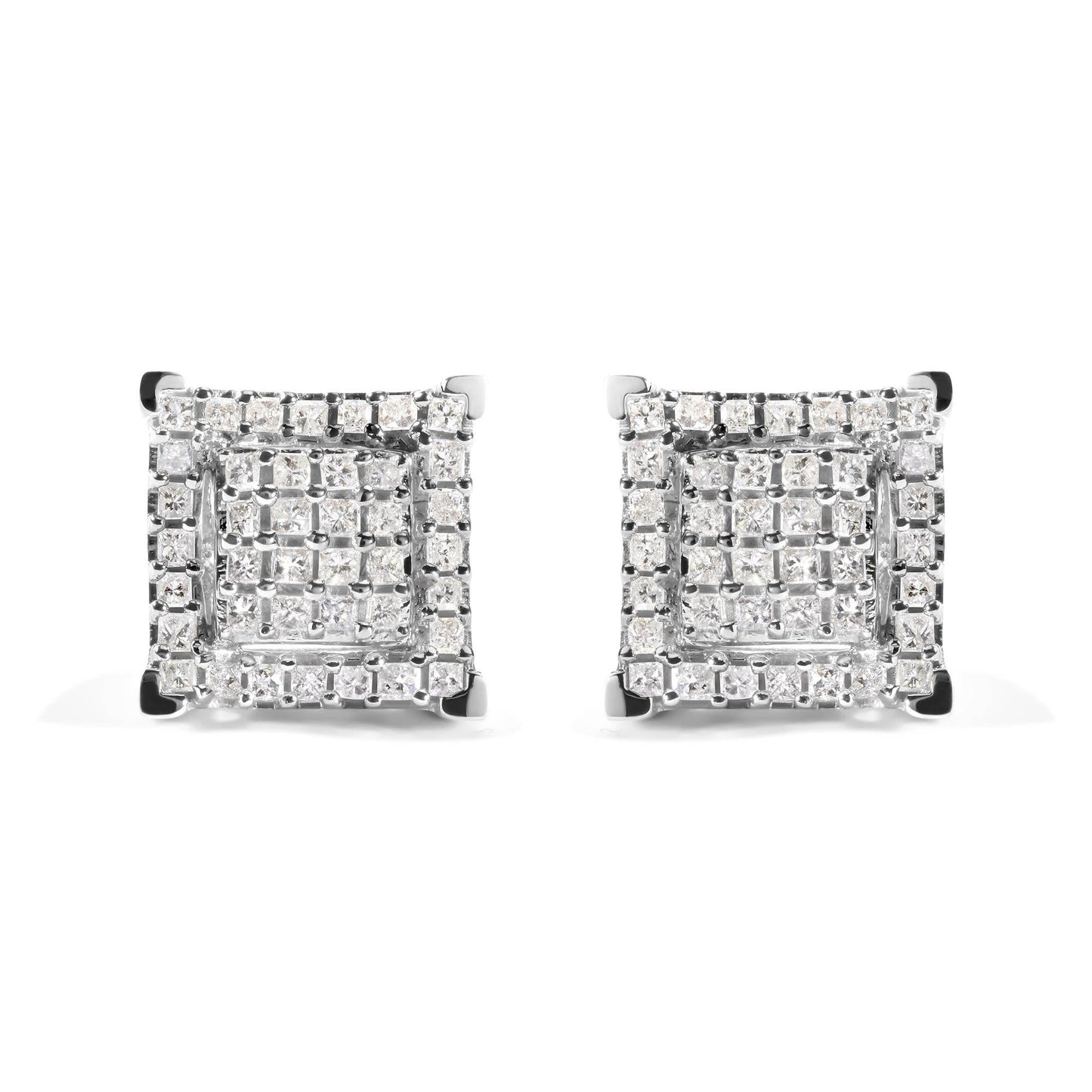10K White Gold 1 1/4 Cttw Princess Diamond Composite Double Square and Halo Stud Earrings (I-J Color, I1-I2 Clarity) - Bijoux-NYC Direct