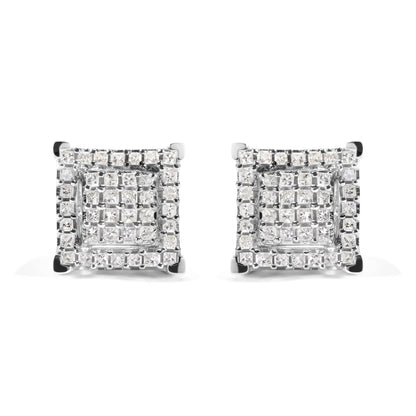 10K White Gold 1 1/4 Cttw Princess Diamond Composite Double Square and Halo Stud Earrings (I-J Color, I1-I2 Clarity) - Bijoux-NYC Direct