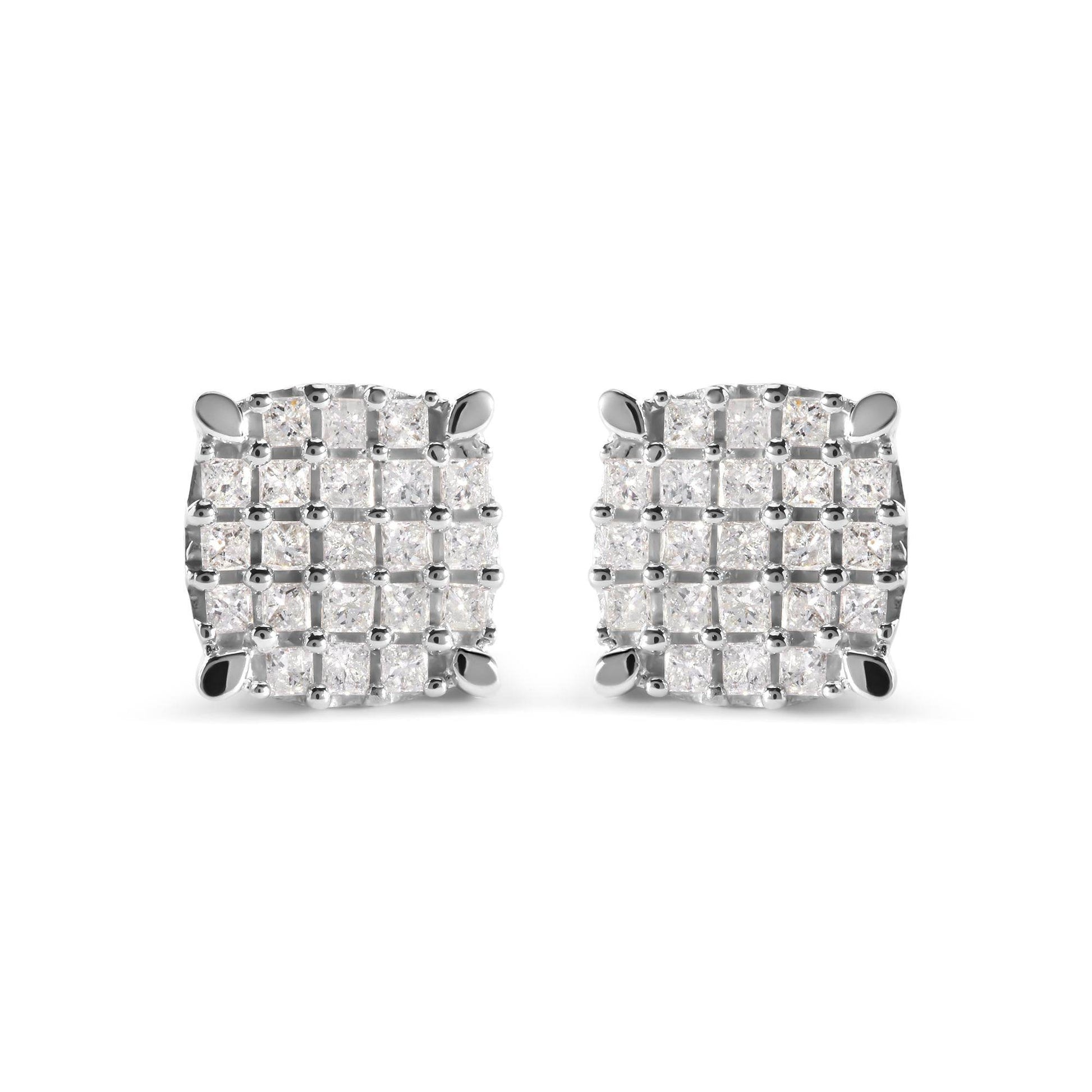 10K White Gold 3/4 Cttw Princess Diamond Composite Cushion Shape Stud Earrings (I-J Color, I1-I2 Clarity) - Bijoux-NYC Direct
