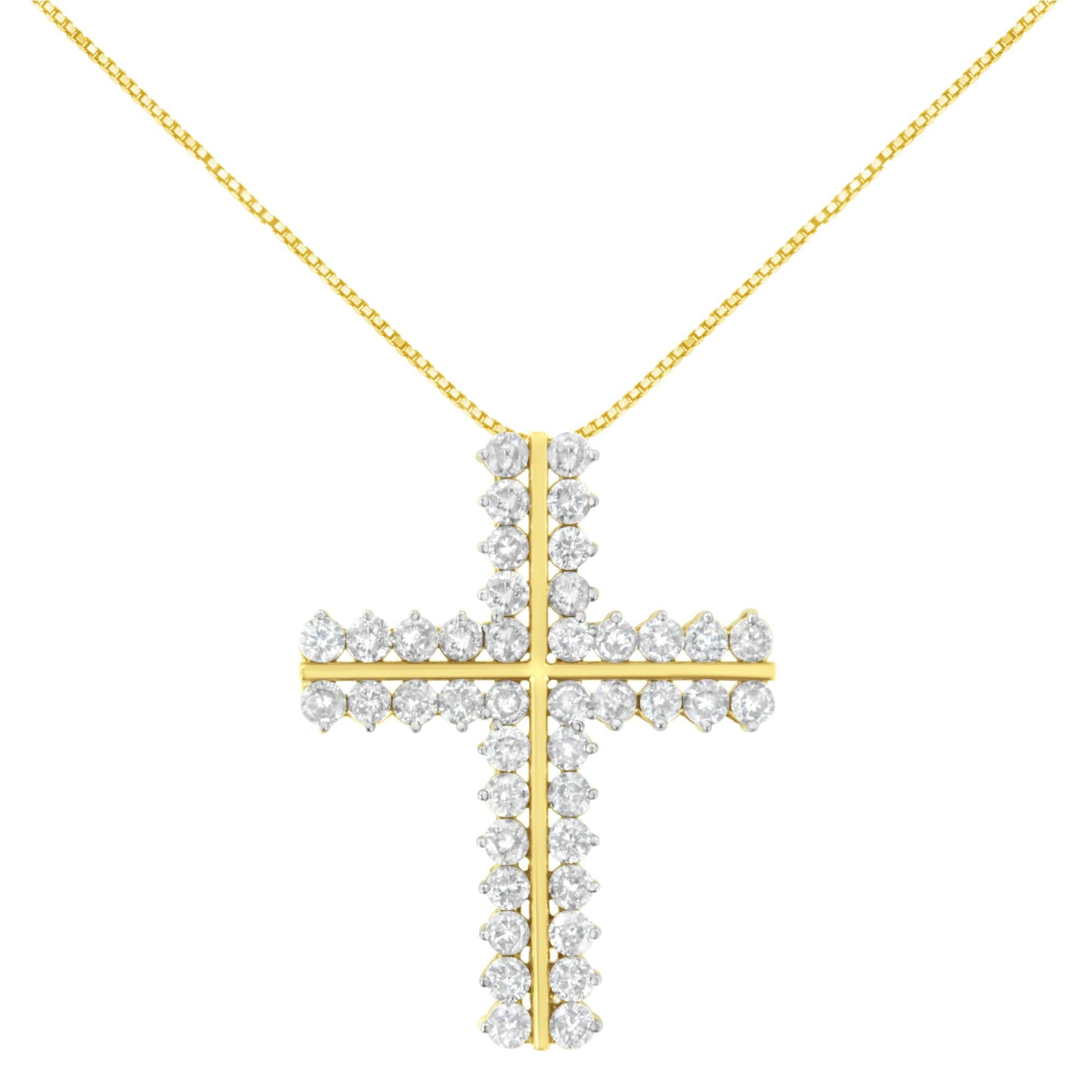 10K Yellow Gold 4.0 Cttw Diamond Two Row Cross 18" Pendant Necklace (J-K Clarity, I1-I2 Color) - Bijoux-NYC Direct