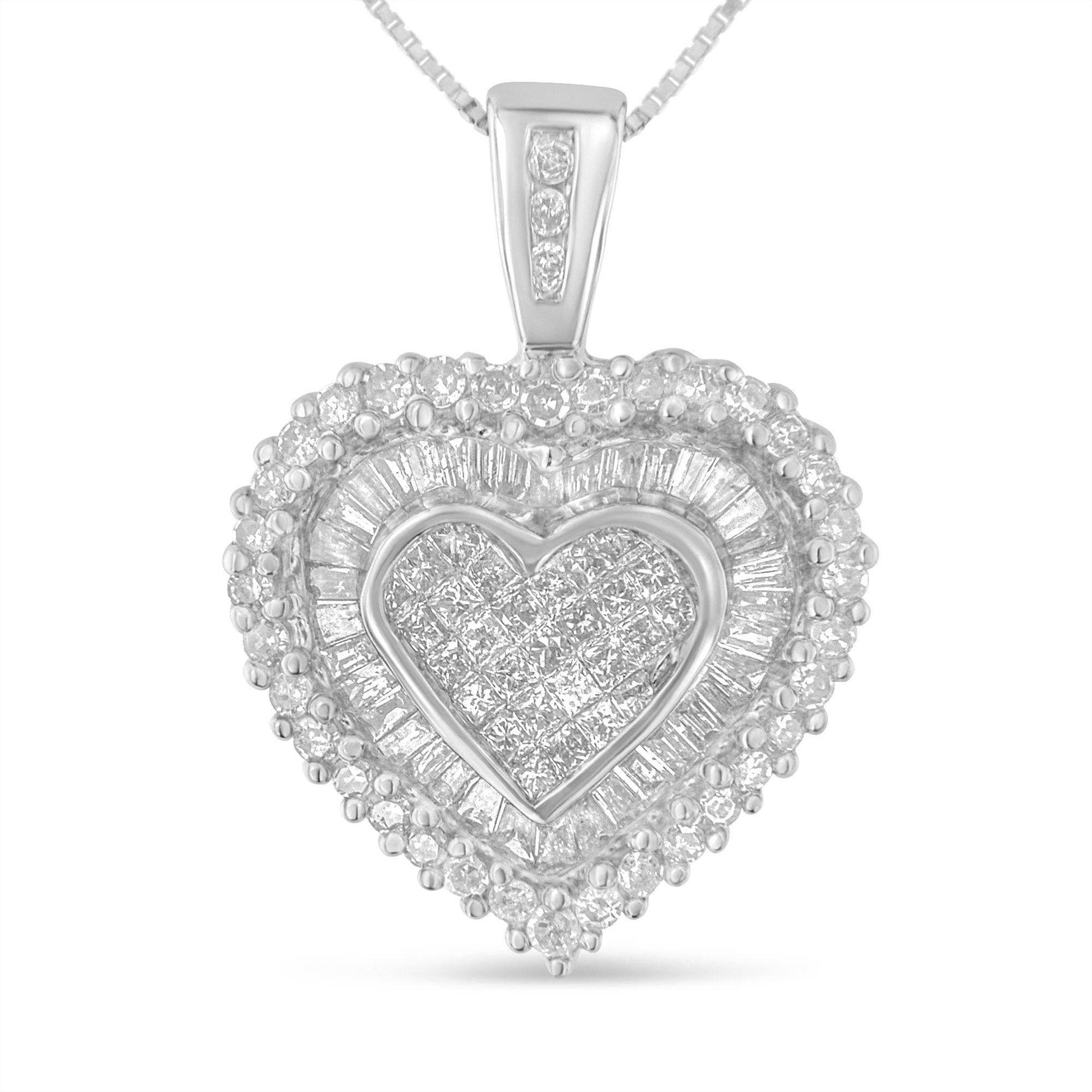 10K White Gold 1 cttw Multi Cut 1 cttw Diamond Heart Pendant Necklace (H-I, I1-I2) - Bijoux-NYC Direct