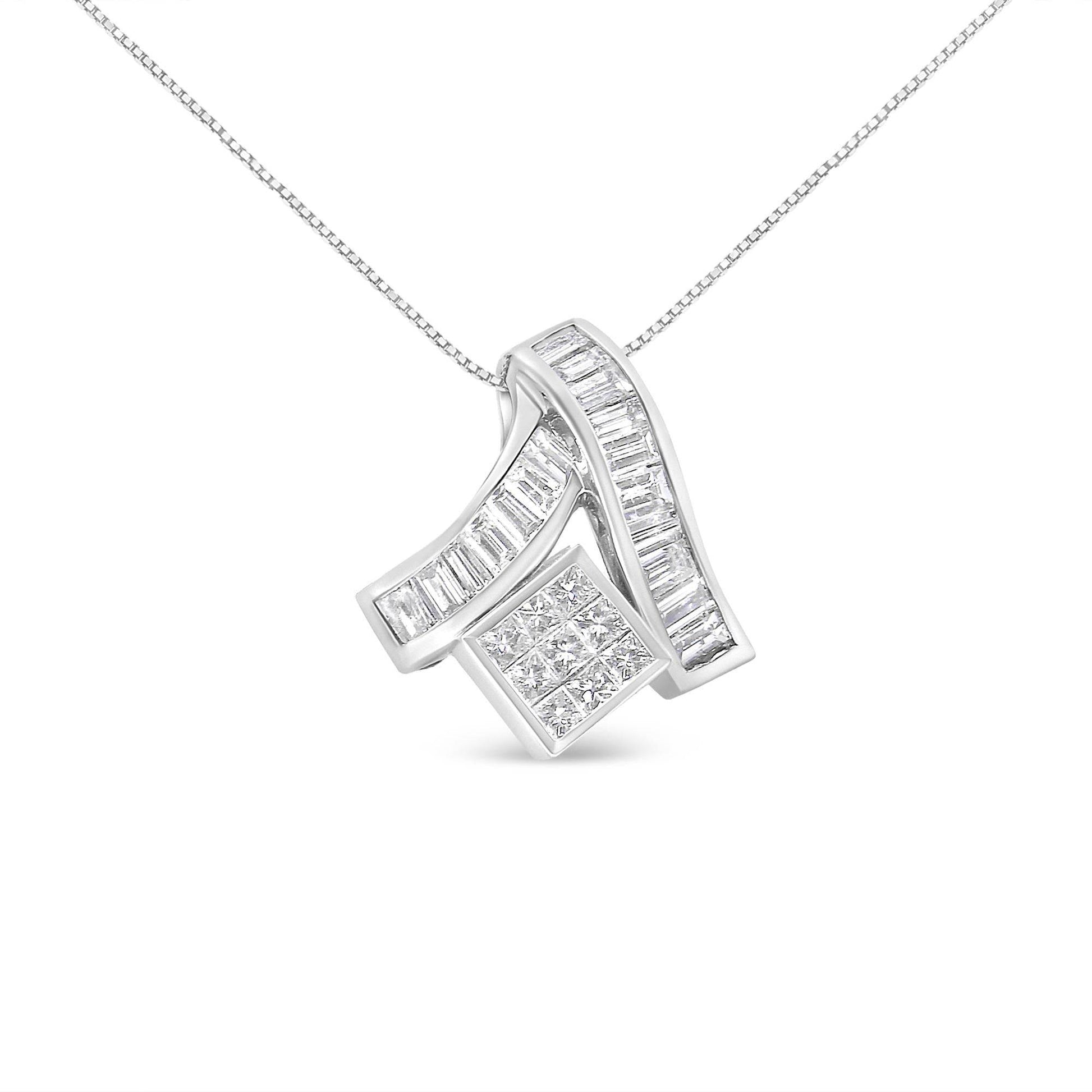 14K White Gold 1 7/8 cttw Princess and Baguette Cut Mixed Geometry Diamond Pendant Necklace (G-H, SI1-SI2) - Bijoux-NYC Direct