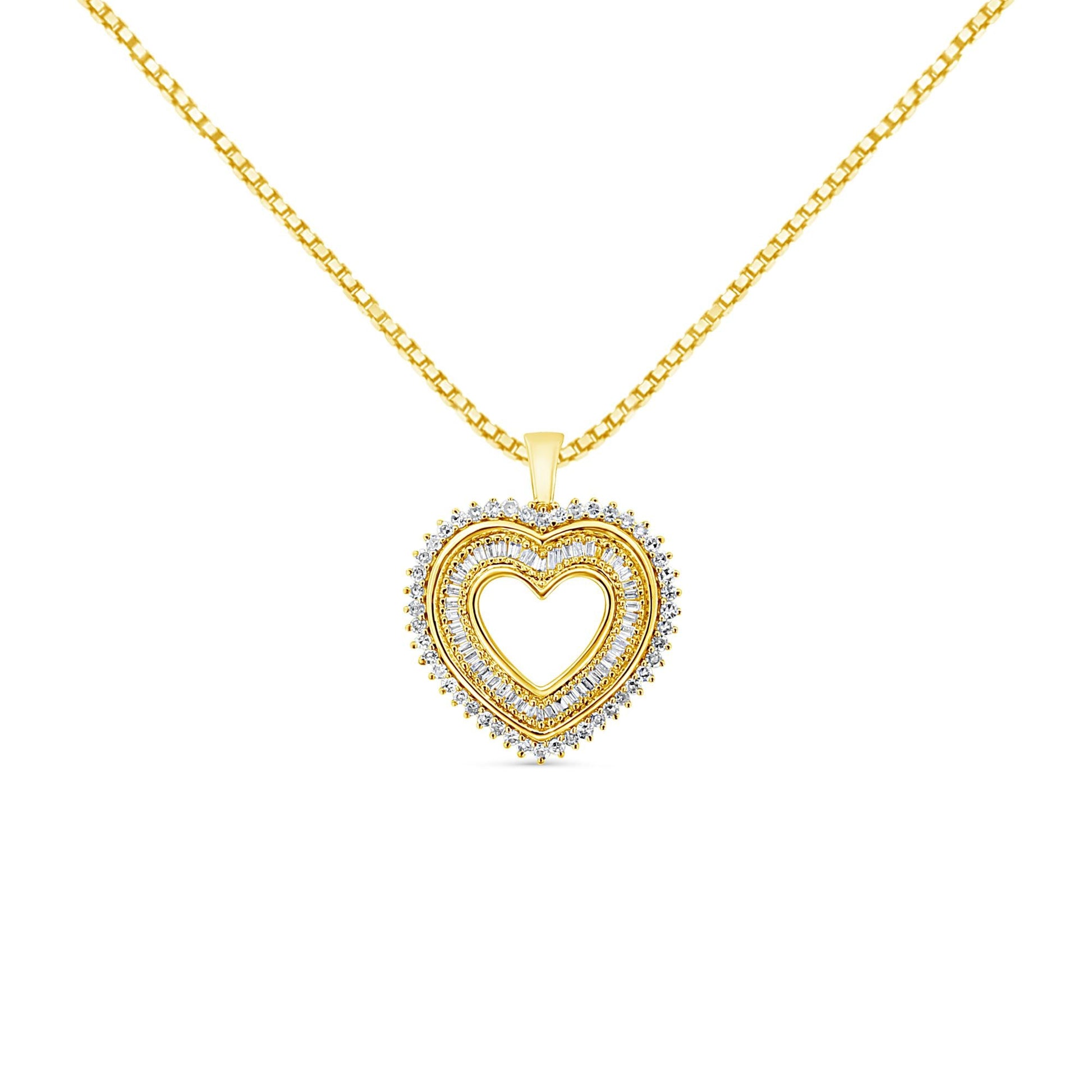 14K Yellow Gold Plated .925 Sterling Silver 1.0 Cttw Round and Baguette-Cut Diamond Composite Hearth 18" Pendant Necklace (I-J Color, I1-I2 Clarity) - Bijoux-NYC Direct