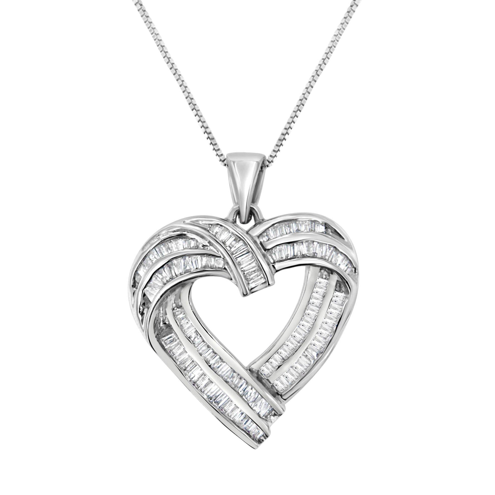 Sterling Silver 7/8 cttw Baguette Diamond Heart Pendant Necklace (I-J, I2-I3) - Bijoux-NYC Direct