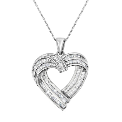 Sterling Silver 7/8 cttw Baguette Diamond Heart Pendant Necklace (I-J, I2-I3) - Bijoux-NYC Direct