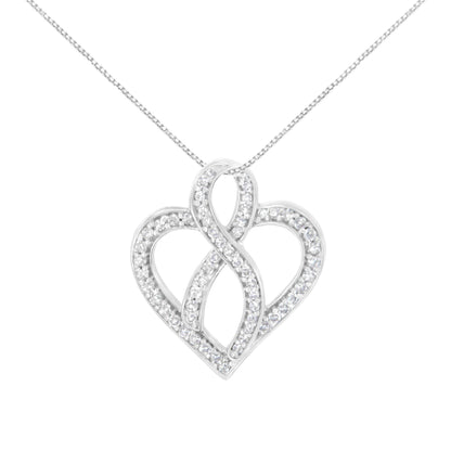 14K White Gold 1/4 cttw Round Cut Diamond Heart and Ribbon Center Pendant Necklace (H-I, I1-I2) - Bijoux-NYC Direct