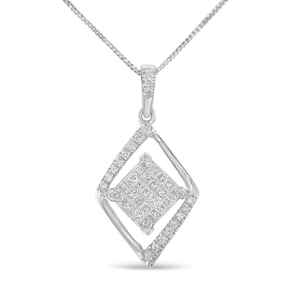 10k White Gold 1/3 Cttw Round and Princess-Cut Diamond Double Triangle 18" Pendant Necklace (H-I Color, SI1-SI2 Clarity) - Bijoux-NYC Direct
